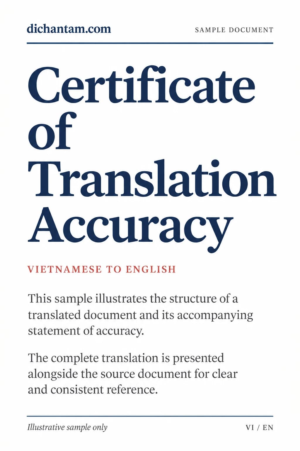 Mẫu minh họa bản xác nhận dịch thuật Việt–Anh, với tiêu đề Certificate of Translation Accuracy.